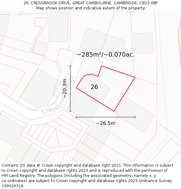 26, CRESSBROOK DRIVE, GREAT CAMBOURNE, CAMBRIDGE, CB23 6BF: Plot and title map