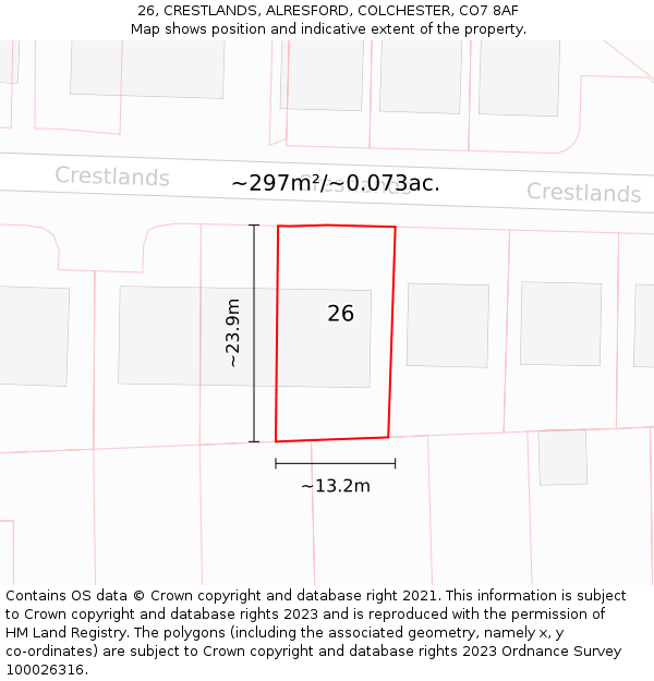 26, CRESTLANDS, ALRESFORD, COLCHESTER, CO7 8AF: Plot and title map