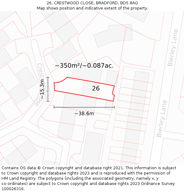 26, CRESTWOOD CLOSE, BRADFORD, BD5 8AG: Plot and title map