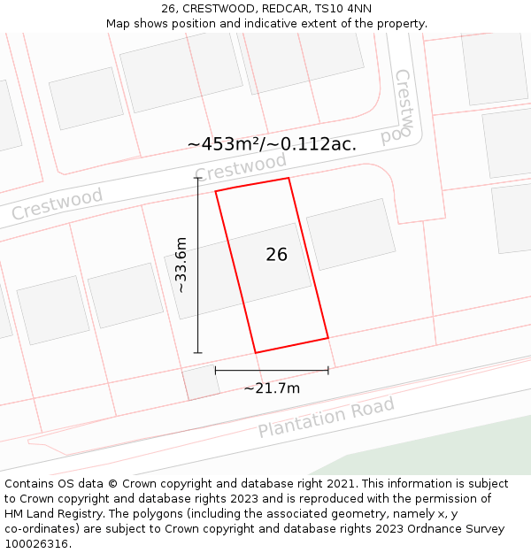 26, CRESTWOOD, REDCAR, TS10 4NN: Plot and title map