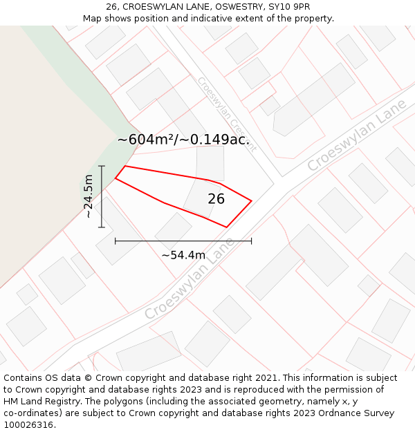 26, CROESWYLAN LANE, OSWESTRY, SY10 9PR: Plot and title map