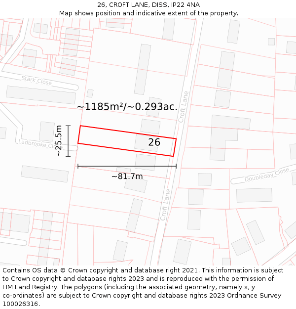 26, CROFT LANE, DISS, IP22 4NA: Plot and title map