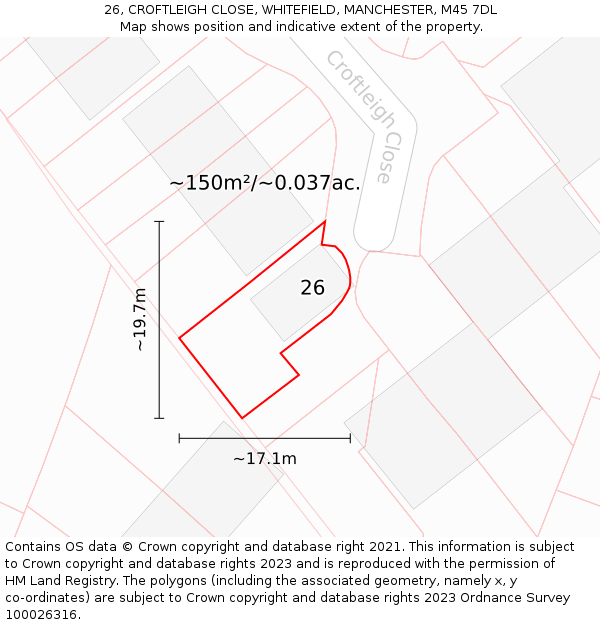26, CROFTLEIGH CLOSE, WHITEFIELD, MANCHESTER, M45 7DL: Plot and title map