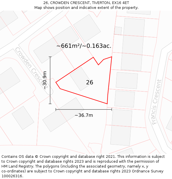 26, CROWDEN CRESCENT, TIVERTON, EX16 4ET: Plot and title map