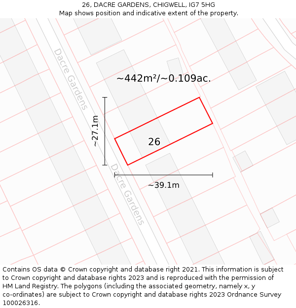 26, DACRE GARDENS, CHIGWELL, IG7 5HG: Plot and title map