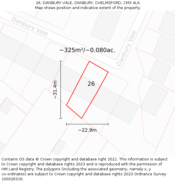 26, DANBURY VALE, DANBURY, CHELMSFORD, CM3 4LA: Plot and title map