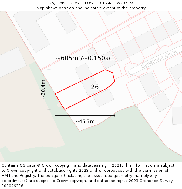 26, DANEHURST CLOSE, EGHAM, TW20 9PX: Plot and title map