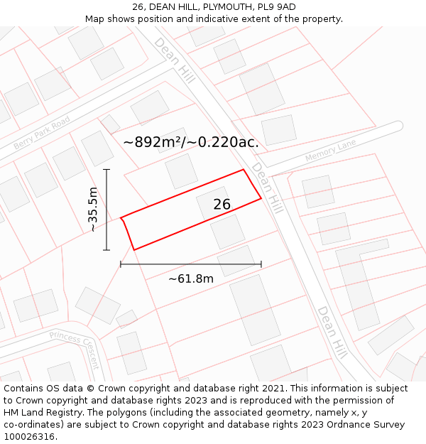 26, DEAN HILL, PLYMOUTH, PL9 9AD: Plot and title map