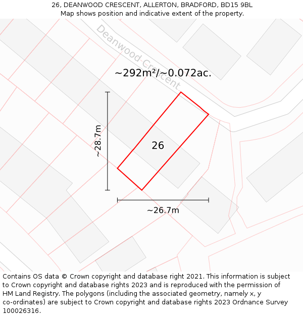 26, DEANWOOD CRESCENT, ALLERTON, BRADFORD, BD15 9BL: Plot and title map