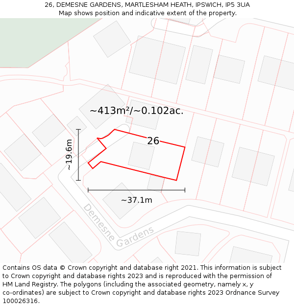 26, DEMESNE GARDENS, MARTLESHAM HEATH, IPSWICH, IP5 3UA: Plot and title map