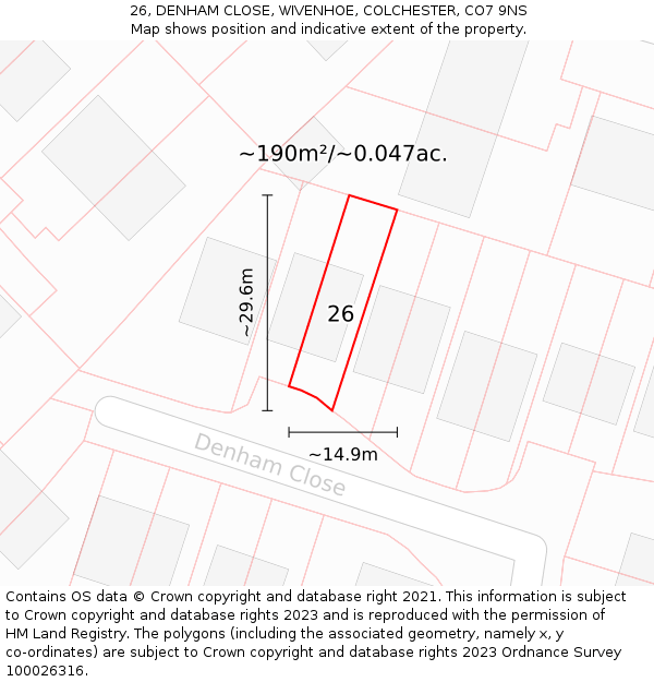 26, DENHAM CLOSE, WIVENHOE, COLCHESTER, CO7 9NS: Plot and title map