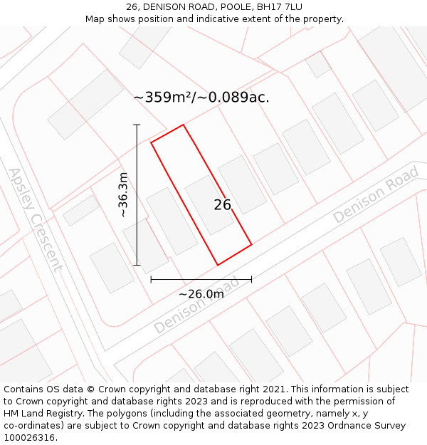 26, DENISON ROAD, POOLE, BH17 7LU: Plot and title map