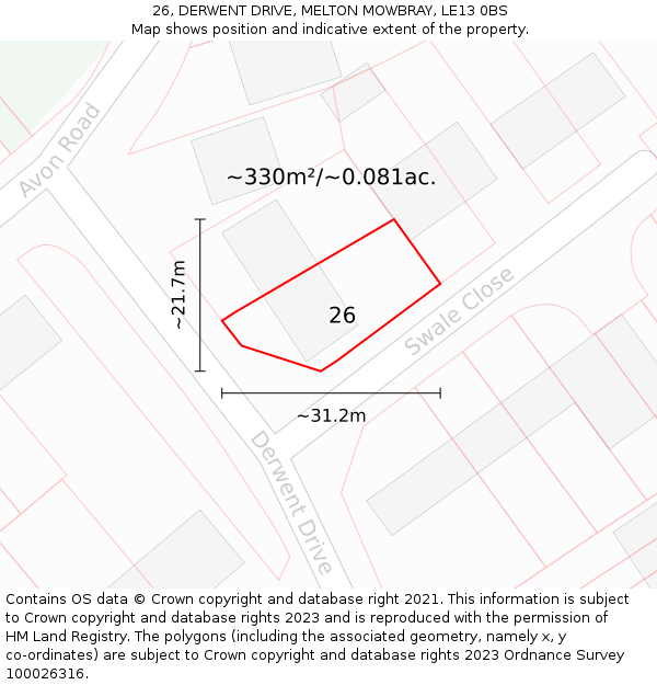 26, DERWENT DRIVE, MELTON MOWBRAY, LE13 0BS: Plot and title map