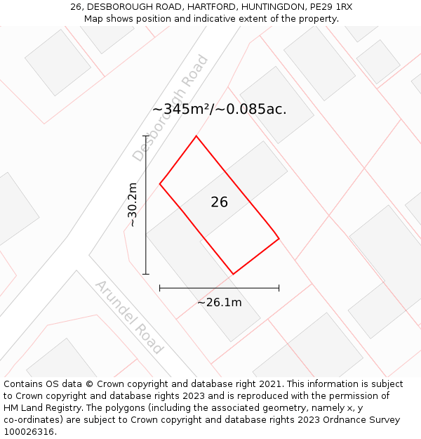 26, DESBOROUGH ROAD, HARTFORD, HUNTINGDON, PE29 1RX: Plot and title map