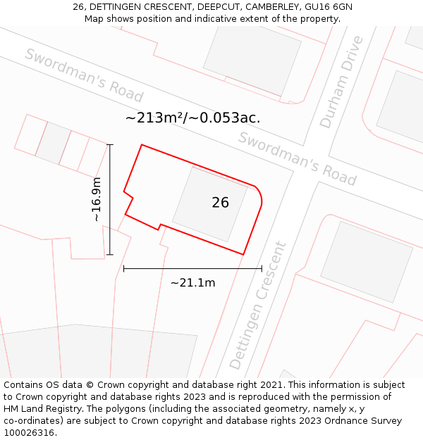 26, DETTINGEN CRESCENT, DEEPCUT, CAMBERLEY, GU16 6GN: Plot and title map