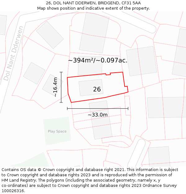 26, DOL NANT DDERWEN, BRIDGEND, CF31 5AA: Plot and title map