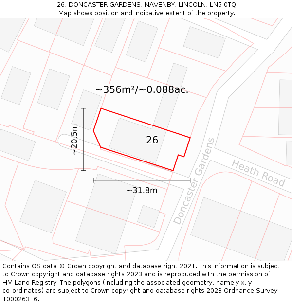 26, DONCASTER GARDENS, NAVENBY, LINCOLN, LN5 0TQ: Plot and title map