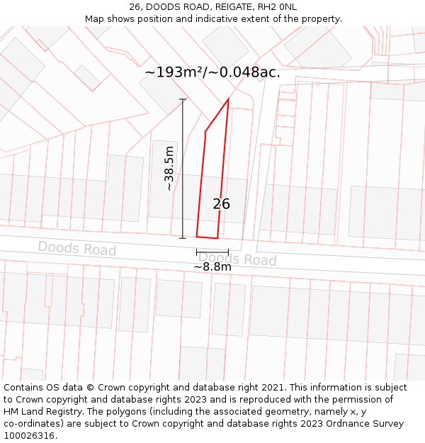 26, DOODS ROAD, REIGATE, RH2 0NL: Plot and title map