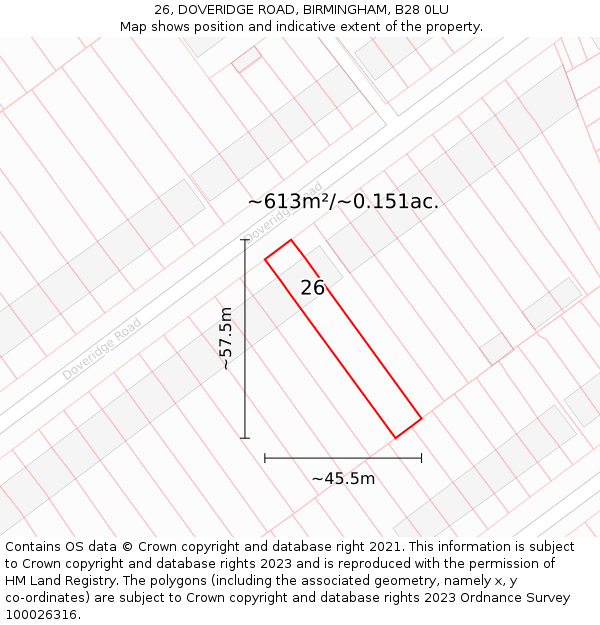 26, DOVERIDGE ROAD, BIRMINGHAM, B28 0LU: Plot and title map