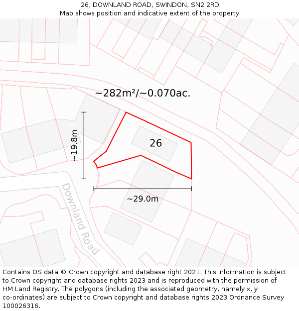 26, DOWNLAND ROAD, SWINDON, SN2 2RD: Plot and title map