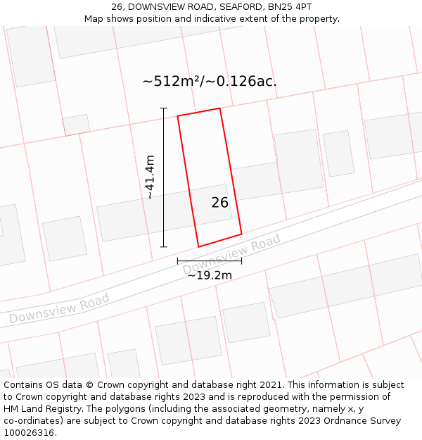 26, DOWNSVIEW ROAD, SEAFORD, BN25 4PT: Plot and title map