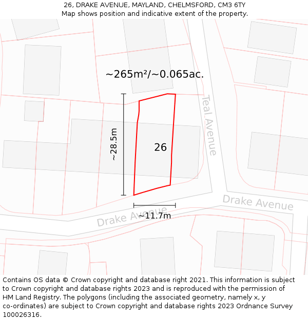 26, DRAKE AVENUE, MAYLAND, CHELMSFORD, CM3 6TY: Plot and title map