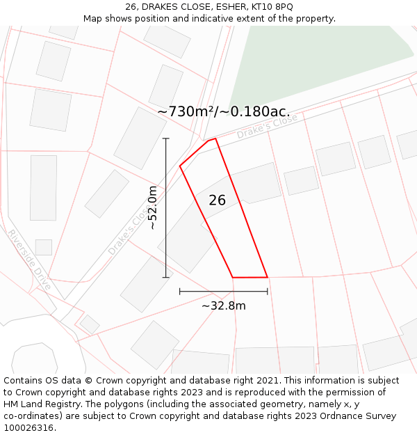 26, DRAKES CLOSE, ESHER, KT10 8PQ: Plot and title map