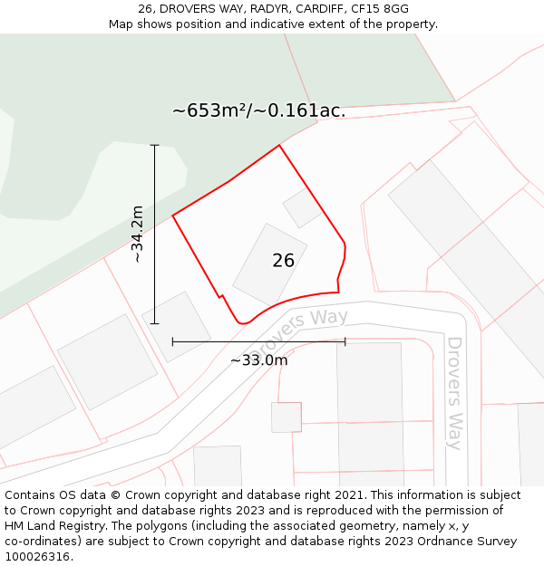 26, DROVERS WAY, RADYR, CARDIFF, CF15 8GG: Plot and title map