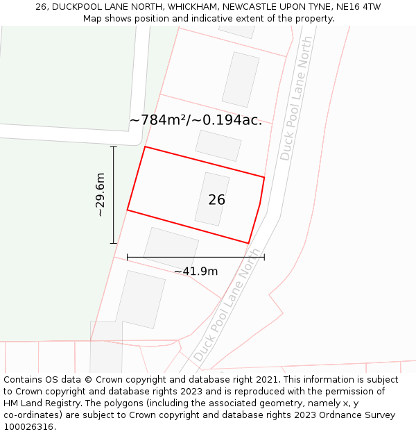 26, DUCKPOOL LANE NORTH, WHICKHAM, NEWCASTLE UPON TYNE, NE16 4TW: Plot and title map
