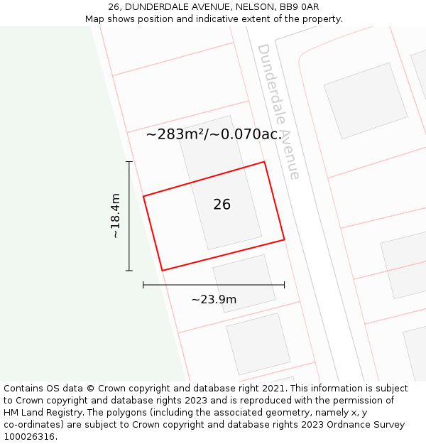 26, DUNDERDALE AVENUE, NELSON, BB9 0AR: Plot and title map