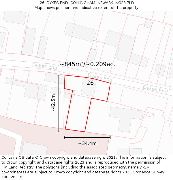 26, DYKES END, COLLINGHAM, NEWARK, NG23 7LD: Plot and title map