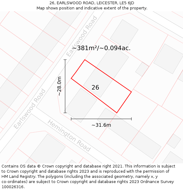 26, EARLSWOOD ROAD, LEICESTER, LE5 6JD: Plot and title map