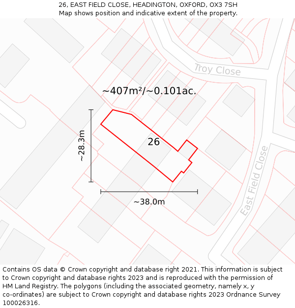 26, EAST FIELD CLOSE, HEADINGTON, OXFORD, OX3 7SH: Plot and title map