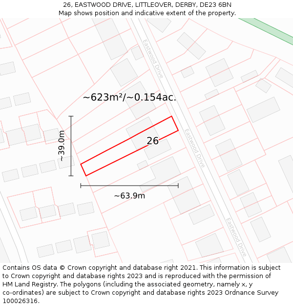 26, EASTWOOD DRIVE, LITTLEOVER, DERBY, DE23 6BN: Plot and title map