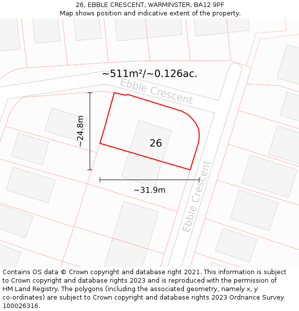 26, EBBLE CRESCENT, WARMINSTER, BA12 9PF: Plot and title map