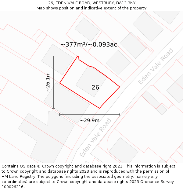 26, EDEN VALE ROAD, WESTBURY, BA13 3NY: Plot and title map