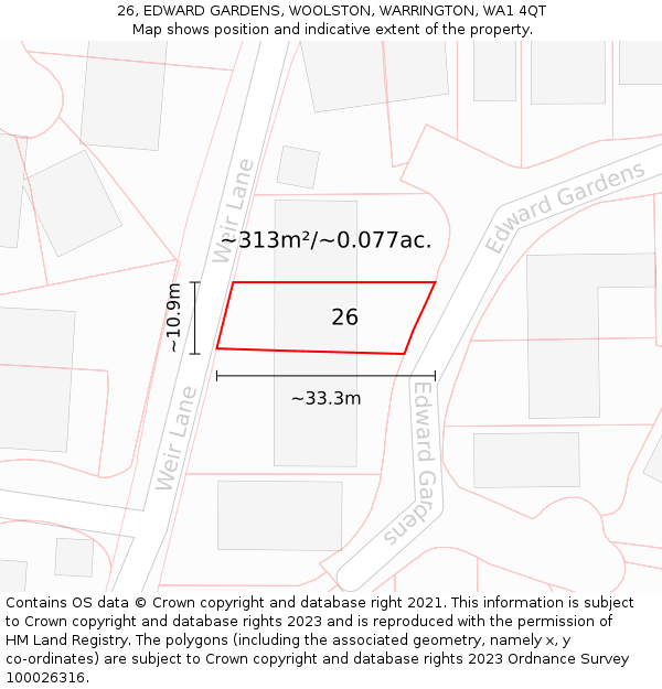 26, EDWARD GARDENS, WOOLSTON, WARRINGTON, WA1 4QT: Plot and title map