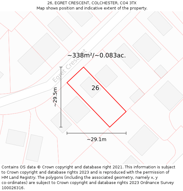 26, EGRET CRESCENT, COLCHESTER, CO4 3TX: Plot and title map