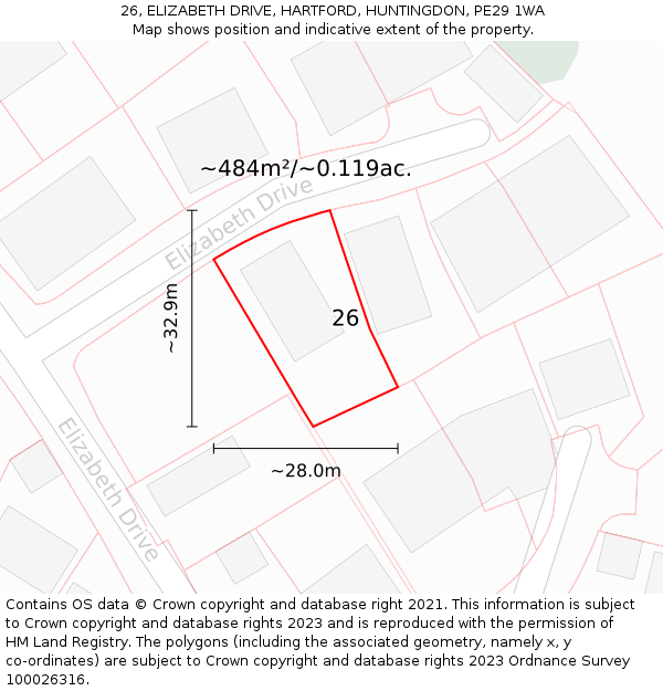 26, ELIZABETH DRIVE, HARTFORD, HUNTINGDON, PE29 1WA: Plot and title map