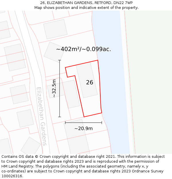 26, ELIZABETHAN GARDENS, RETFORD, DN22 7WP: Plot and title map