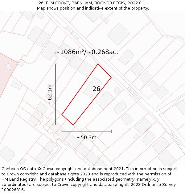 26, ELM GROVE, BARNHAM, BOGNOR REGIS, PO22 0HL: Plot and title map