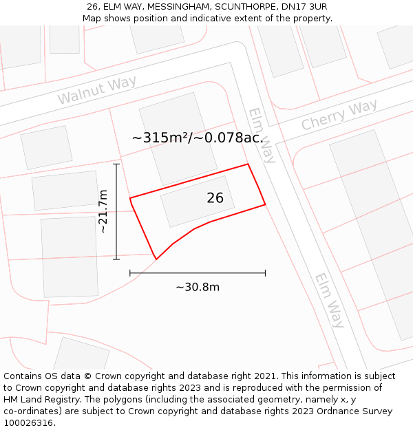 26, ELM WAY, MESSINGHAM, SCUNTHORPE, DN17 3UR: Plot and title map