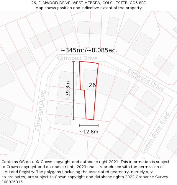 26, ELMWOOD DRIVE, WEST MERSEA, COLCHESTER, CO5 8RD: Plot and title map