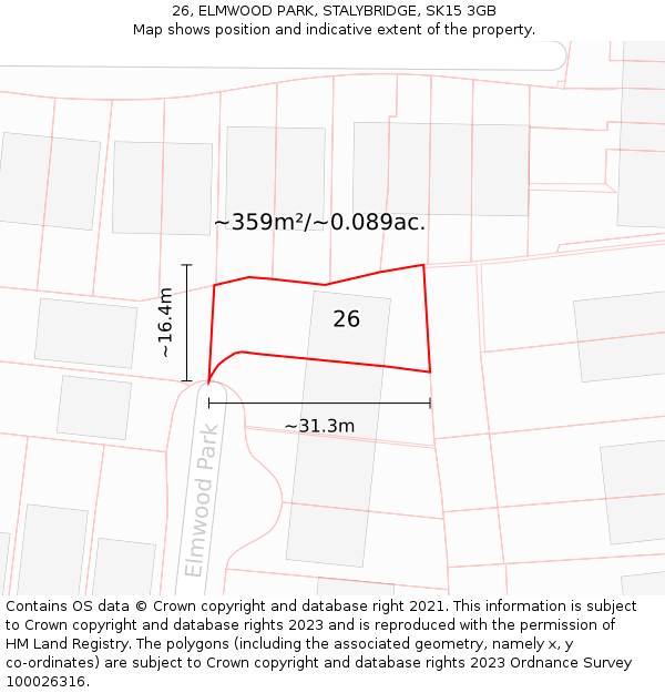 26, ELMWOOD PARK, STALYBRIDGE, SK15 3GB: Plot and title map