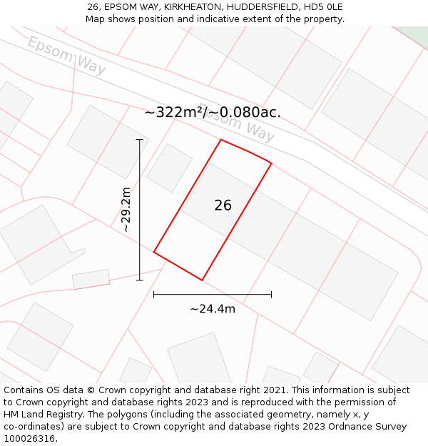 26, EPSOM WAY, KIRKHEATON, HUDDERSFIELD, HD5 0LE: Plot and title map