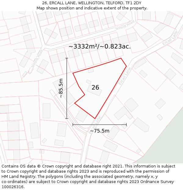 26, ERCALL LANE, WELLINGTON, TELFORD, TF1 2DY: Plot and title map