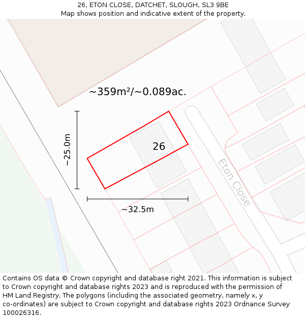 26, ETON CLOSE, DATCHET, SLOUGH, SL3 9BE: Plot and title map