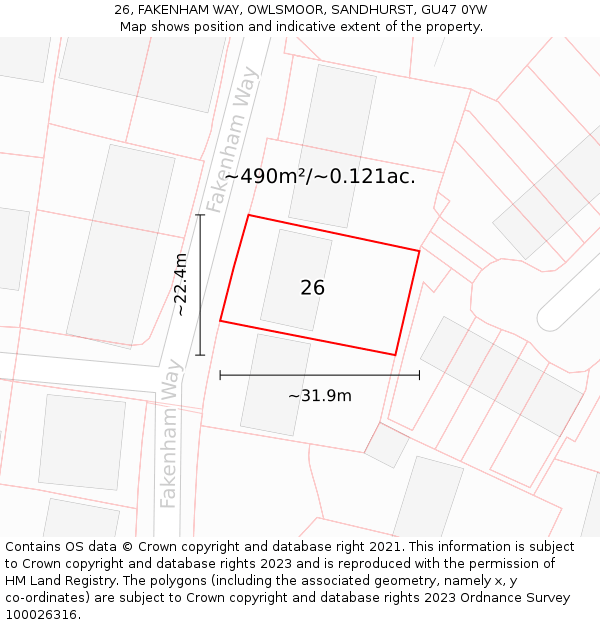 26, FAKENHAM WAY, OWLSMOOR, SANDHURST, GU47 0YW: Plot and title map