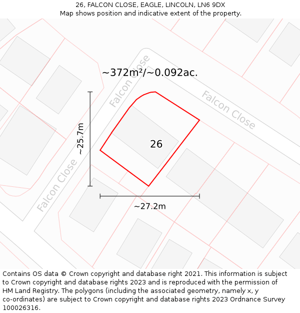 26, FALCON CLOSE, EAGLE, LINCOLN, LN6 9DX: Plot and title map