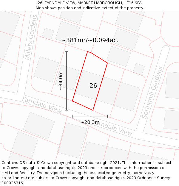 26, FARNDALE VIEW, MARKET HARBOROUGH, LE16 9FA: Plot and title map